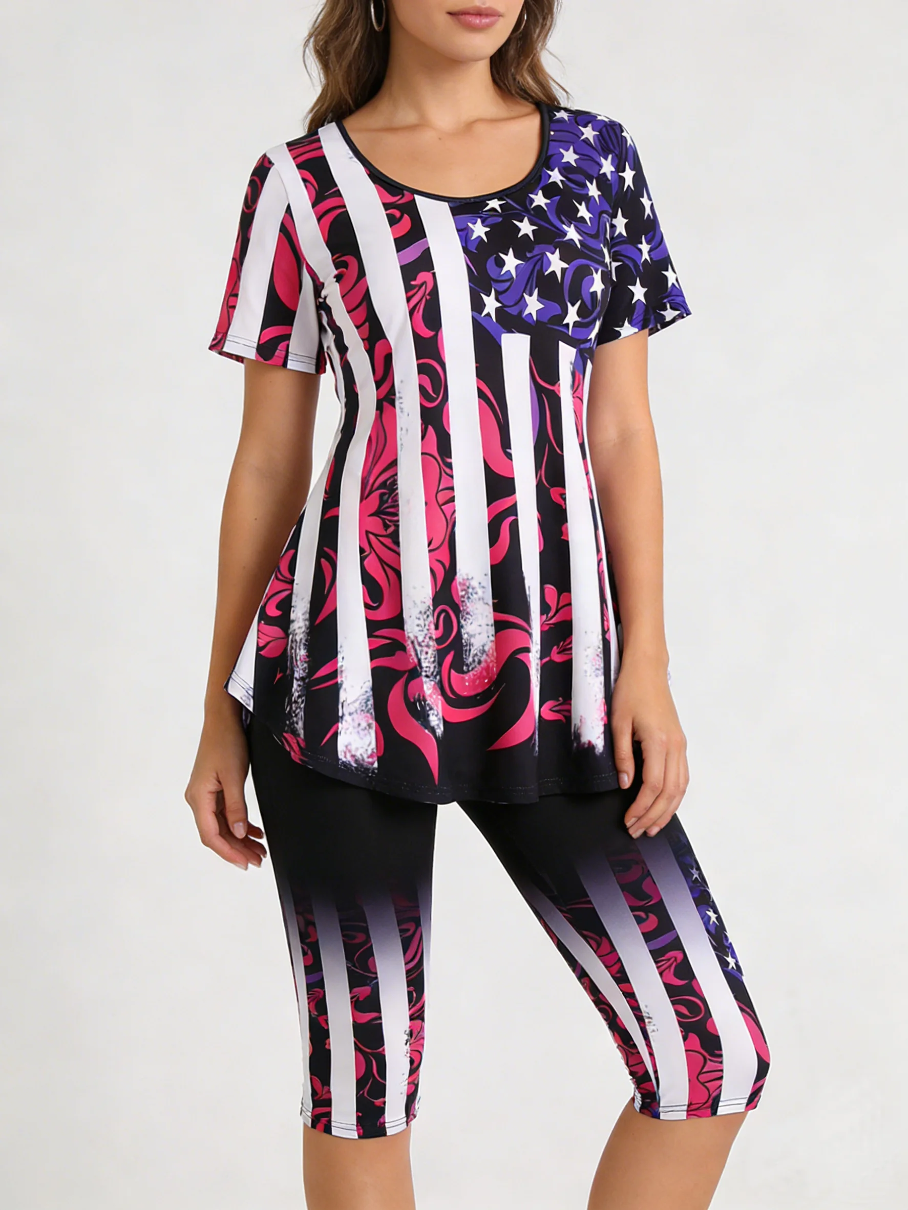 

Весна-лето 2024, повседневная свободная футболка больших размеров и укороченные брюки, комплект из двух предметов, пуловер с цифровым принтом, верхняя нижняя одежда