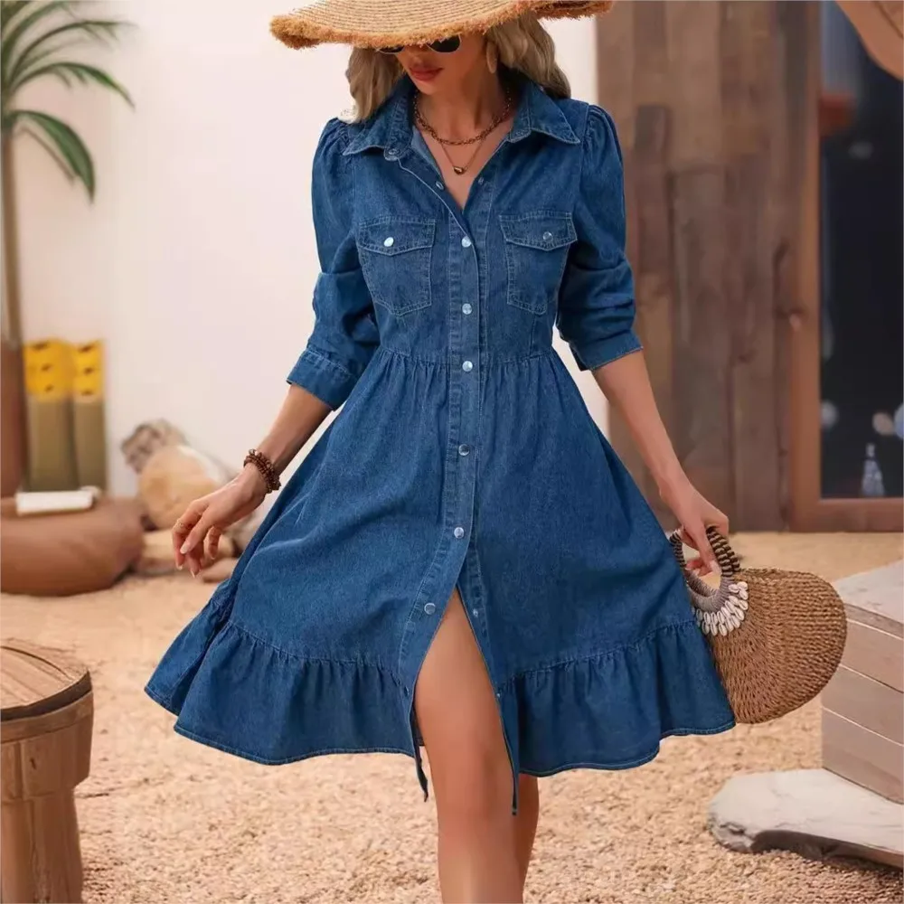 denim shirt dresses Girls Dress oversized chest pockets Women's Casual Denim Dress Long