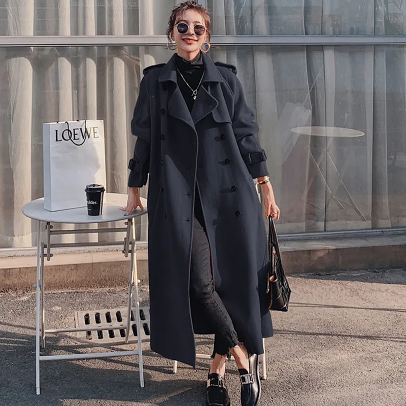 Women Long Wool Blends Overcoat Autumn Winter Nice Fashion Elegant Thicken Woolen Tops Coat Waist Belt  Loose Outerwear Female