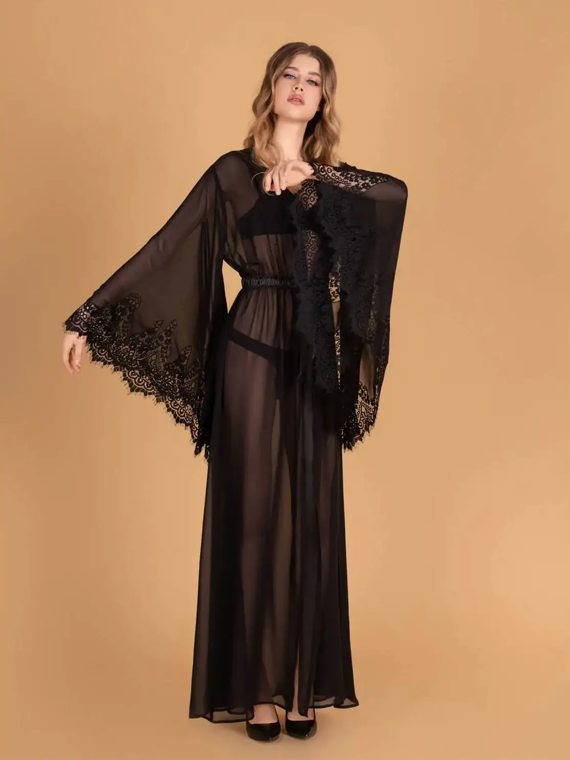 Sexy Lace Women's Robe V Neck Long Sleeves Appliques Nightgown Black Lady Party Sleepwear Sheer Evening Dresses Customized