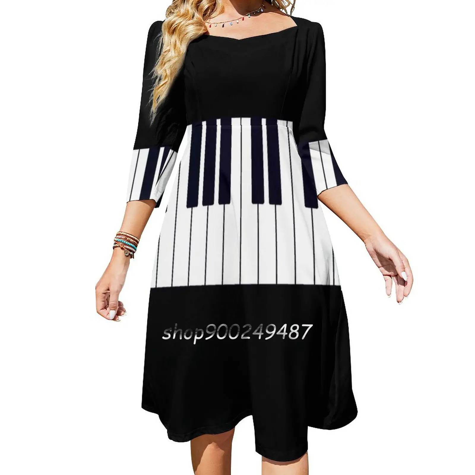 

Piano Keys Square Neck Dress New Plus Size Elegant Women Waist Tight Dress Black White Black And White Piano Pianist Music