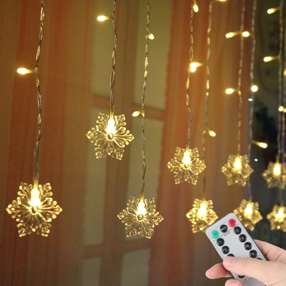 

Battery/USB Operated Christmas Snowflake Curtain 8 Modes And Timer Function Light Home Party Decoration Fairy Lights