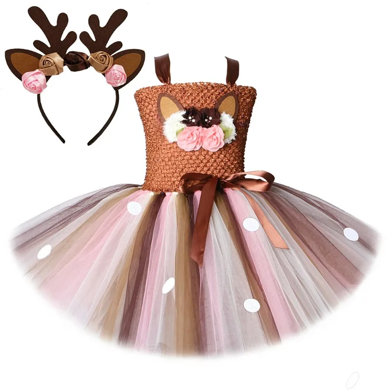 Pink Brown Reindeer Decor Tutu Dress Princess Costume Christmas New Year Carnival Holiday Party Outfit Stage Show Party Costume