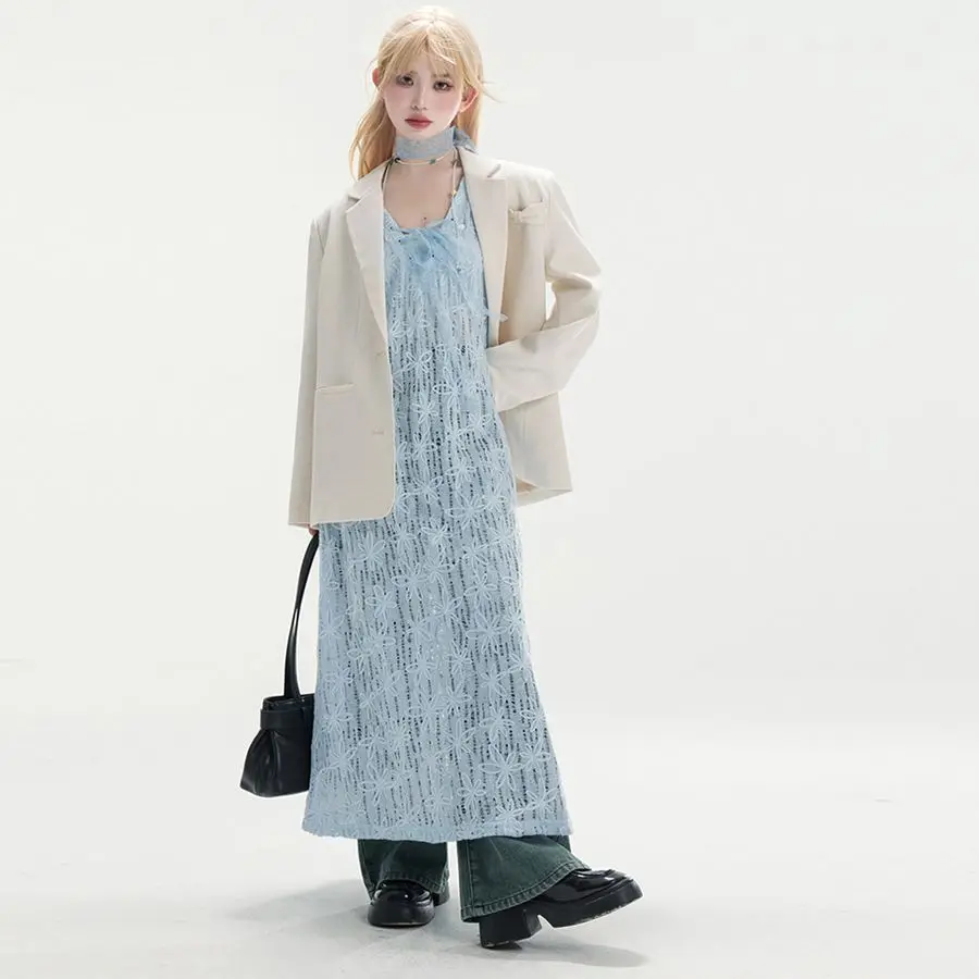 Insozkdg أوائل الربيع بدلة على الموضة الجديدة معطف المرأة بلايز الحلو عودة تعادل القوس تصميم جوفاء فضفاض سترات غير رسمية النساء الملابس