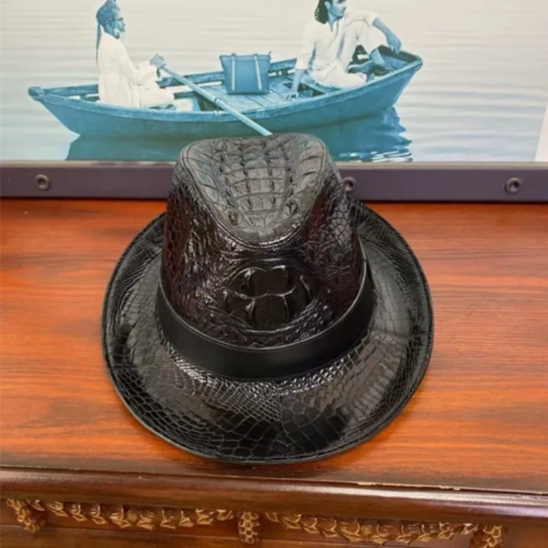 

Luxury Mens Real Crocodile Leather Top Hat Fashion Autumn Sun Prevent Windproof Cap High Quality Real Leather Hats