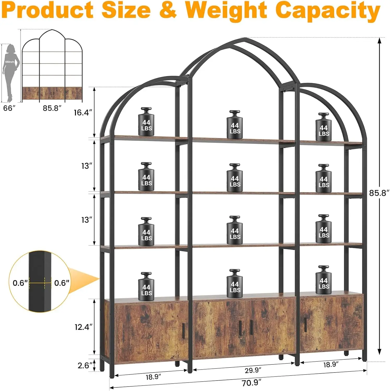 Arched Bookshelf and Bookcase with 3 Cabinets, Triple Wide 5 Tier Standing Book Shelf, Storage Display Rack Shelves, Industrial