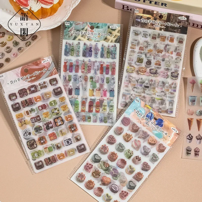 6pcs One Lot Vintage Snacks Fruits Shop Decorative Stickers for Scrapbooking Kawaii Journal Sticker Stationery