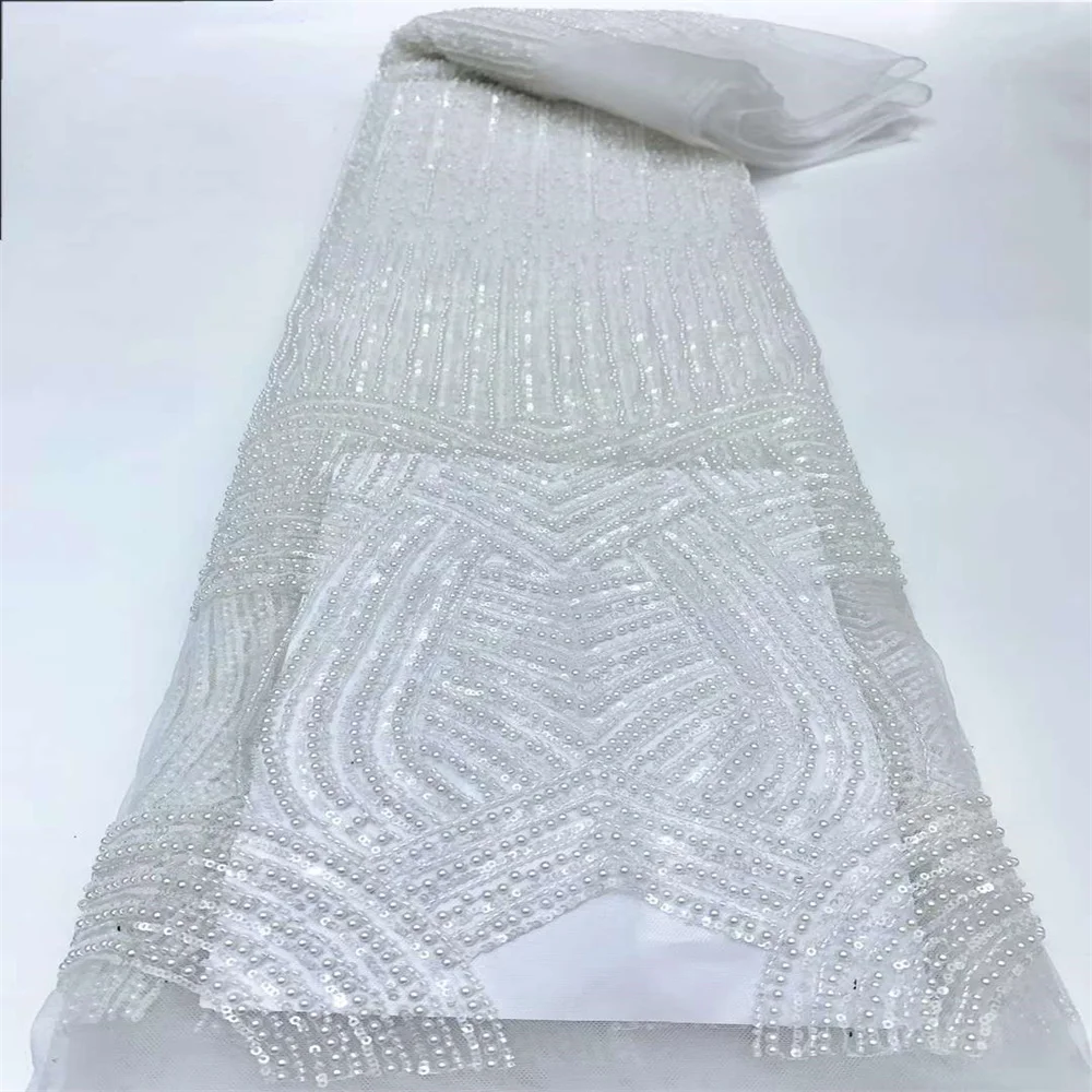 

Luxury African Sequins Beaded Lace Fabric 2024 High Quality Lace 5 Yards French Lace Fabric Nigerian Lace Fabrics Party Wedding