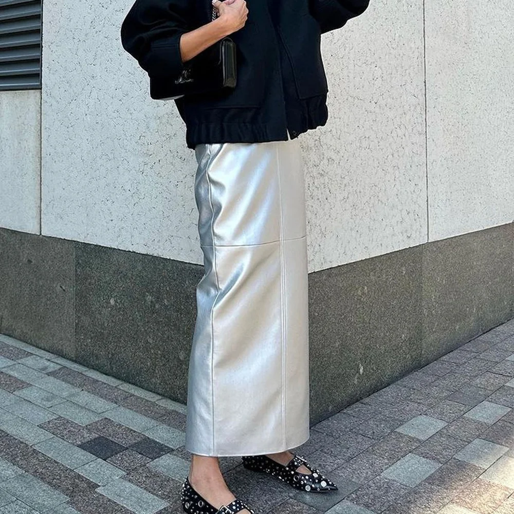 Elegant PU Leather Skirt Metallic Patchwork Design Bodycon Midi Skirts for Women Spring Summer Party Evening Dress