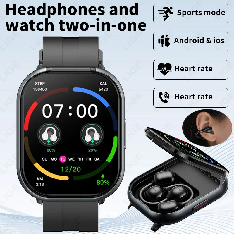 LIGE Bluetooth Headphones with clip-on design 2 In 1 Smartwatch with Earphones Heart Rate Sport Fitness Headset Smart Watch 2026