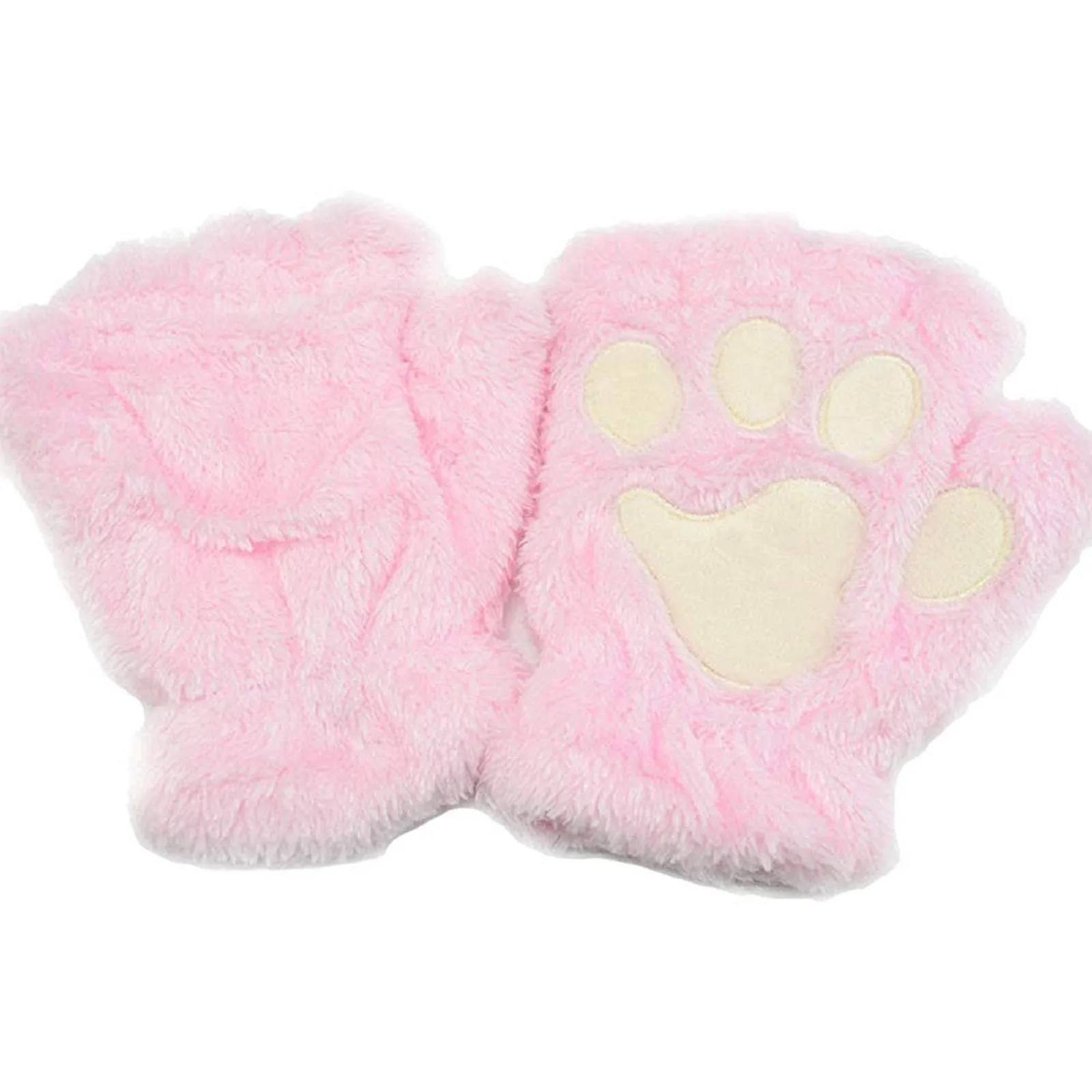 Women\'S Cute Bear Paw Half Finger Gloves Color Block Plush Short Comfortable Gloves Ladies Winter Thickened Warm Gloves Kawaii