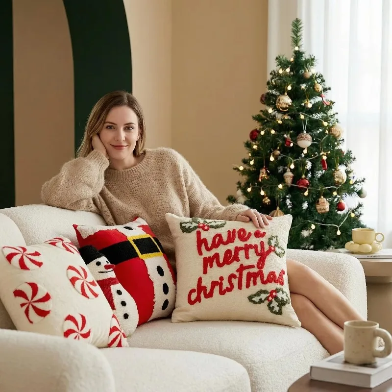 3D Tufted Christmas Cushion Cover Soft Embroidered Throw Pillow Case Red White Holiday Decorative Pillow Cover Xmas Gift Home