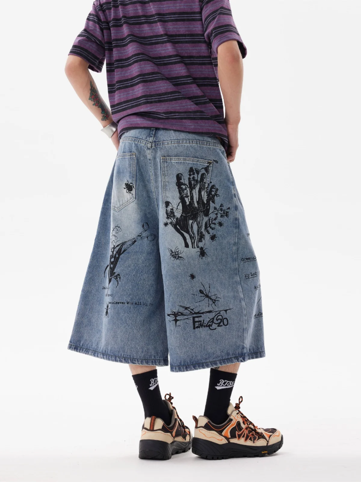 Vintage Washed Graffiti Denim Cropped Pants Cleanfit Loose Wide-leg Jorts Blue