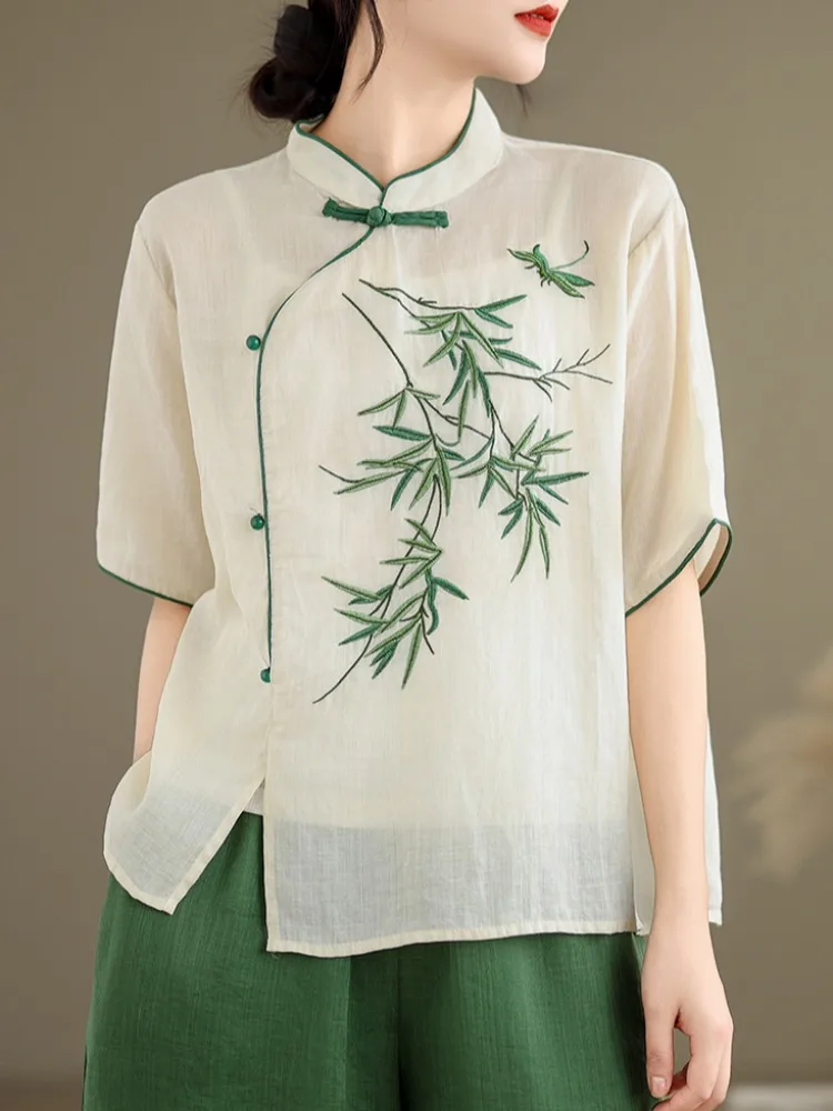 Neue Chinesische Sle Gestickte Button up Baumwolle Leinen irt Frauen Sommer Abnehmen Tussah Seide Bluse Vintage Lose Fit irt