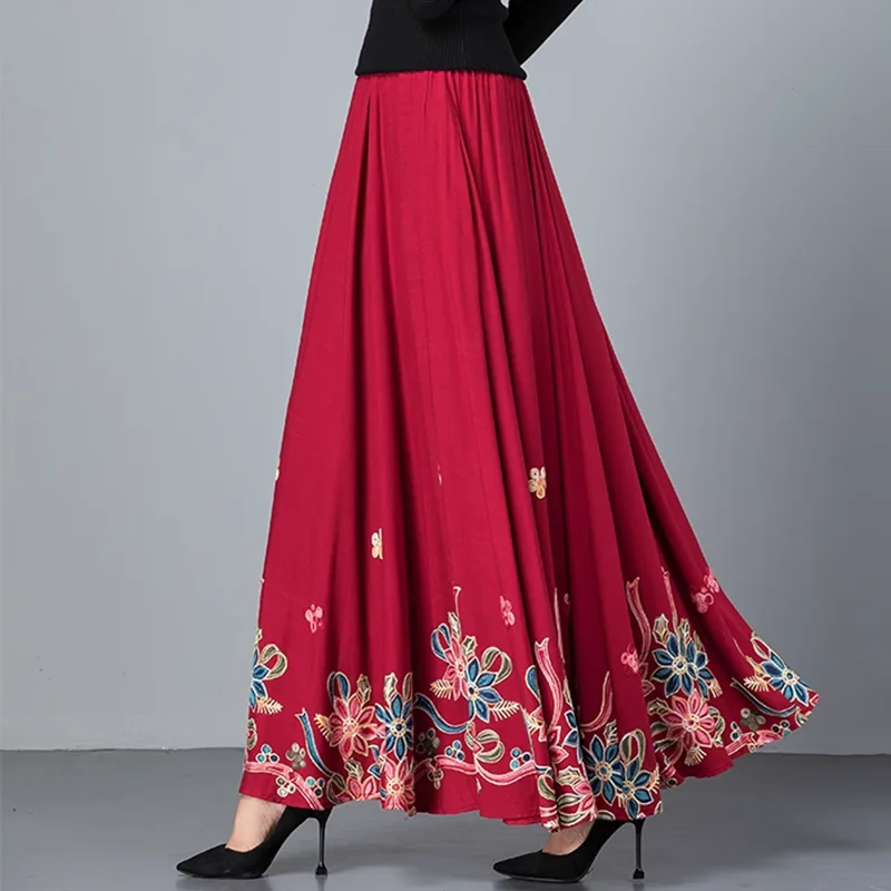 Elegant Vintage Retro plus Size Maxi Skirt for Women Embroidered Big Flowers Cotton Linen Comfortable Fit Casual Skirts 2023