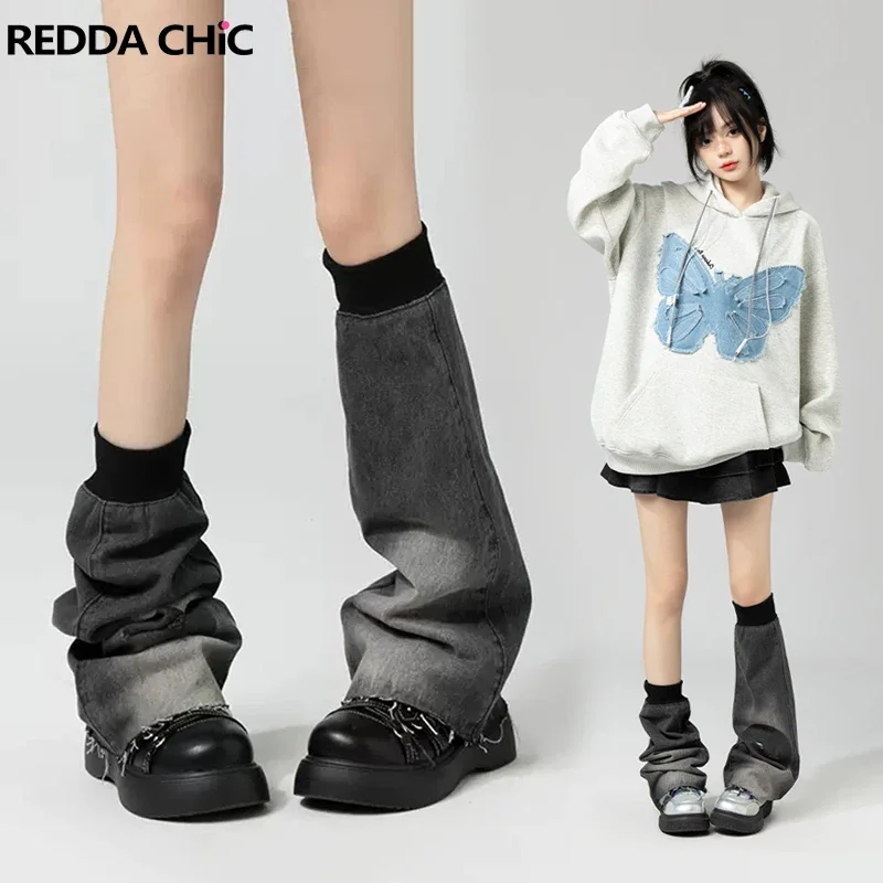 IUM REDDACHiC Y2K Women Leg Warmers with Elastic Band Retro Gray Hole Frayed Denim Boots Cover Knee Long Socks Acubi Fashion Clo