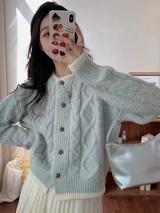 Soft Cr Knitted Open Cardigan Women's round Ne Mouton Lazy Sweater Jaet Spring Autumn Loose Fit Single Button Closure