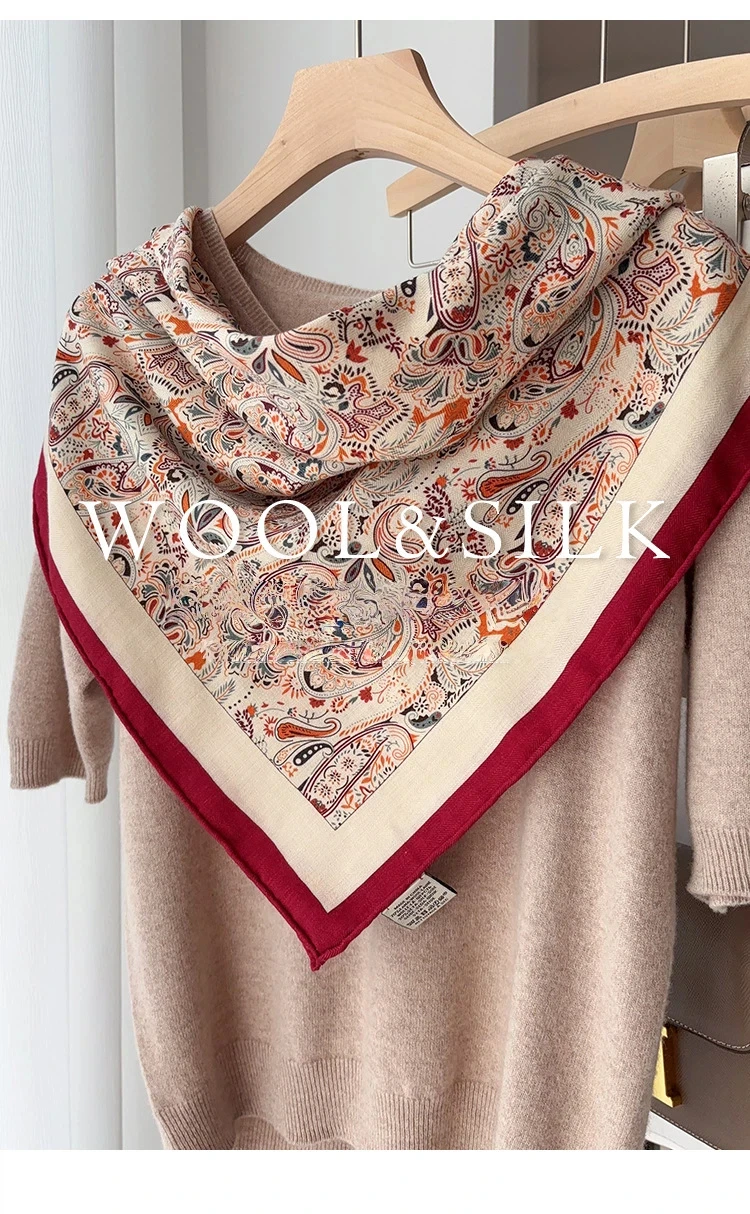 Women Vintage Paisley Silk Wool Square Scarf Elegant Wine Red Border Print Large Shawl Warm Neck Wrap Fall Winter Ladies Bandana