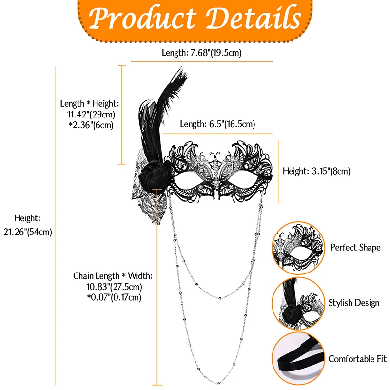 قناع زهرة الريش للسيدات، قناع تنكر البندقية، قناع كرة الهالوين، حفلة الوجه مع سلسلة تزيين #6