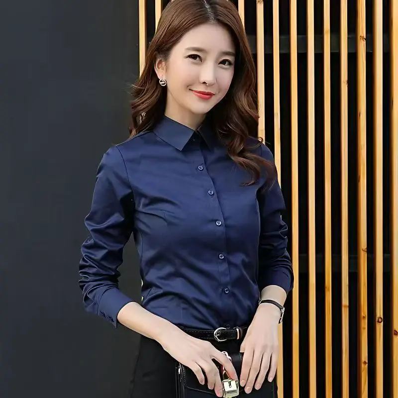 

Белая женская рубашка синего цвета с пуговицами, профессиональная, с длинными рукавами, в корейском стиле, новая, приталенная, для работы, формальная блузка, рабочая униформа.