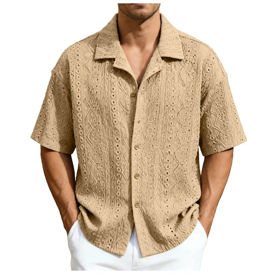 

Men's Short Sleeve Hawaii Shirt Eyelet Embroidery Holiday Blouses Casual Summer Beach Tops Male Lapel Single-Breasted Shirts