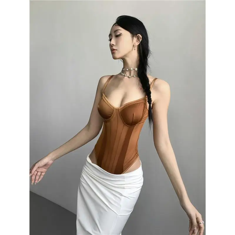 

Women's Lace Trim Slimming One-Piece Suit Vest Strap Design Sensual Patchwork Mid-Waist Short Pants Polyester Fabric