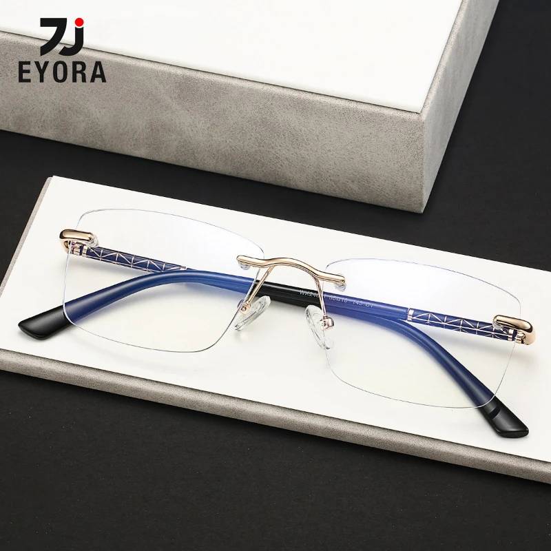 

EYORA Vintage Rimless Metal Men Business Reading Glasses Anti Blue Ray Myopia and Hyperopia Photochromic Prescription Eyewear