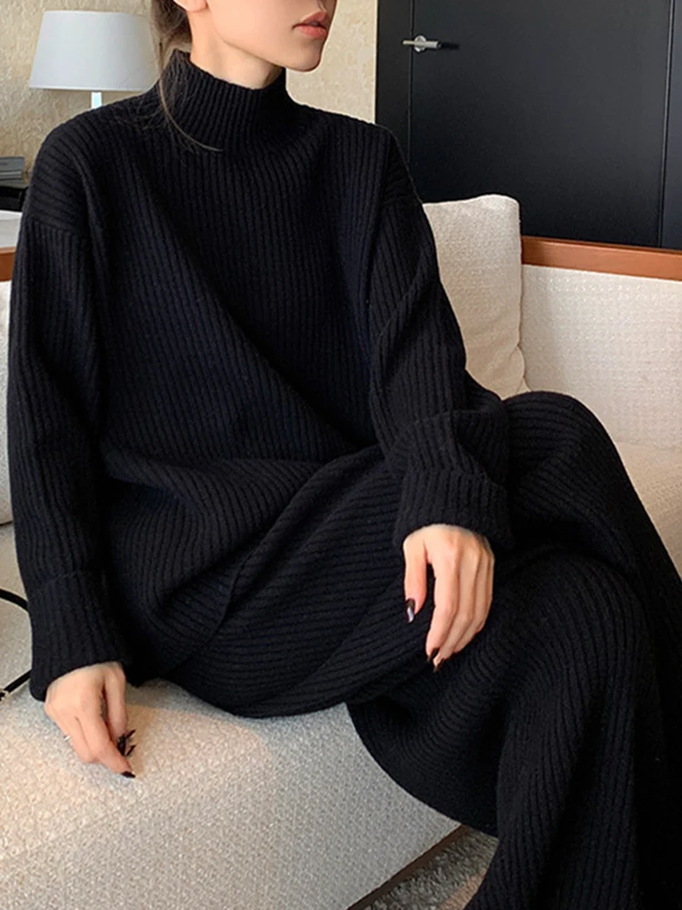 LANMREM 2 Pieces Sets For Women Turtleneck Knitted Pullover Sweater With Wide Leg Trousers Female Loose Casual Clothing 2DA8018