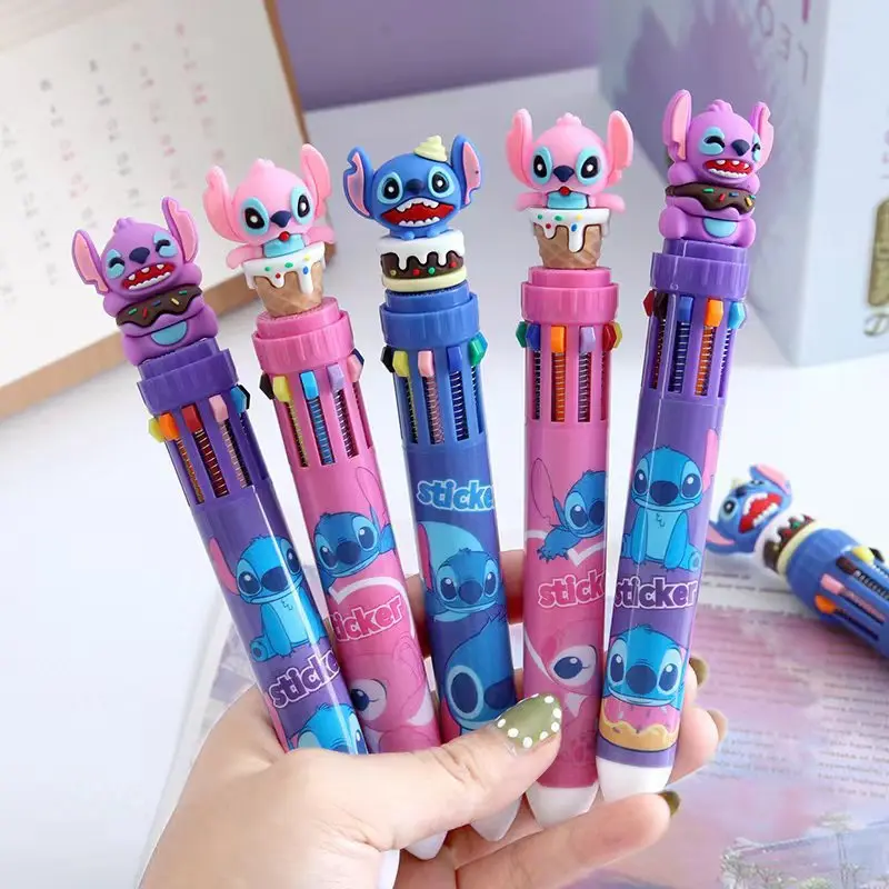 12/36pcs Disney Cartoon Lilo 0.7 Ten-Color Ballpoint Pen Cute Student Press Multi-Functional Color Handbook Pen Document Gift