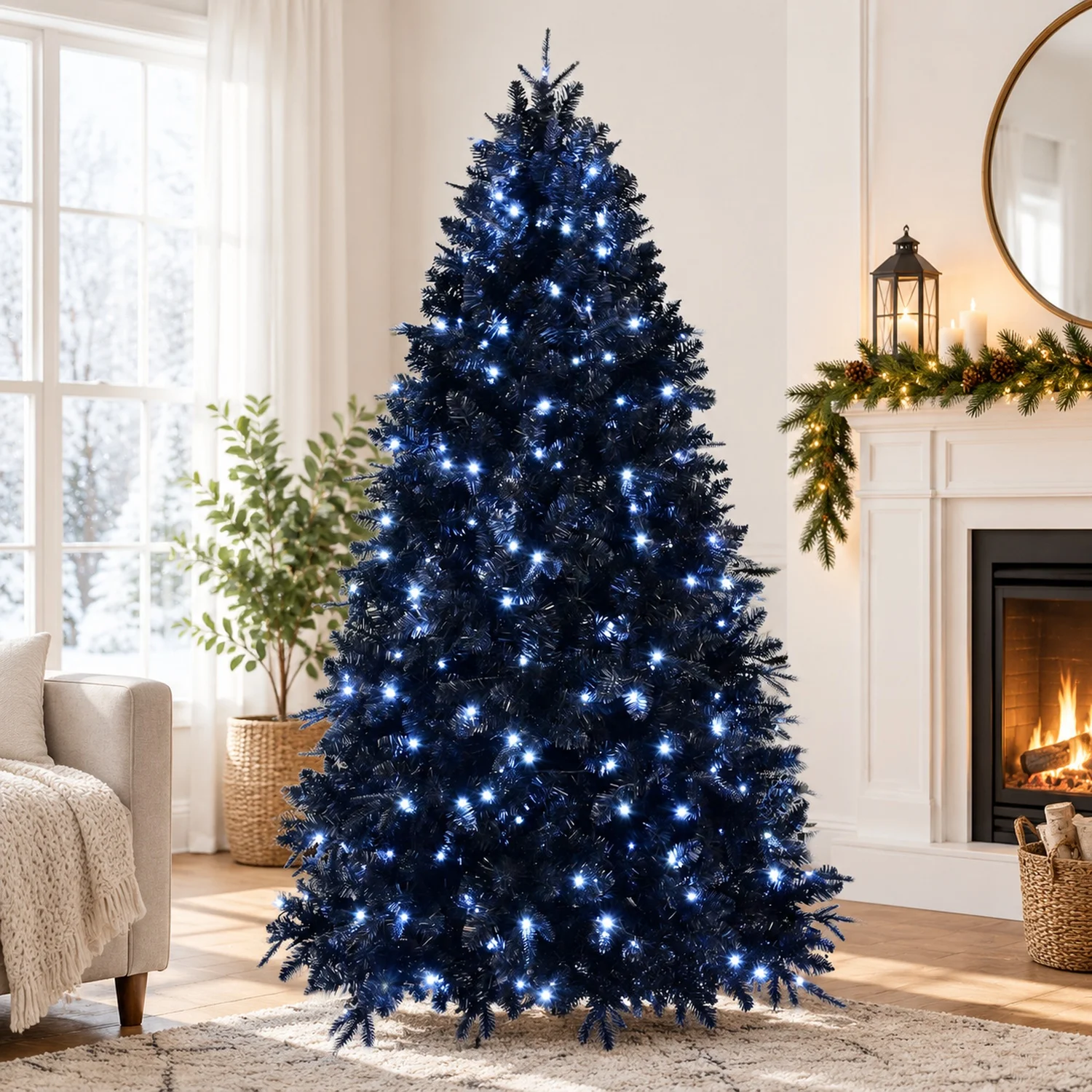 7.5ft Black Christmas Tree with 500 White LED Lights, 2156 Tips PE+PVC Artificial Tree for Halloween & Holiday Decor, Hinged