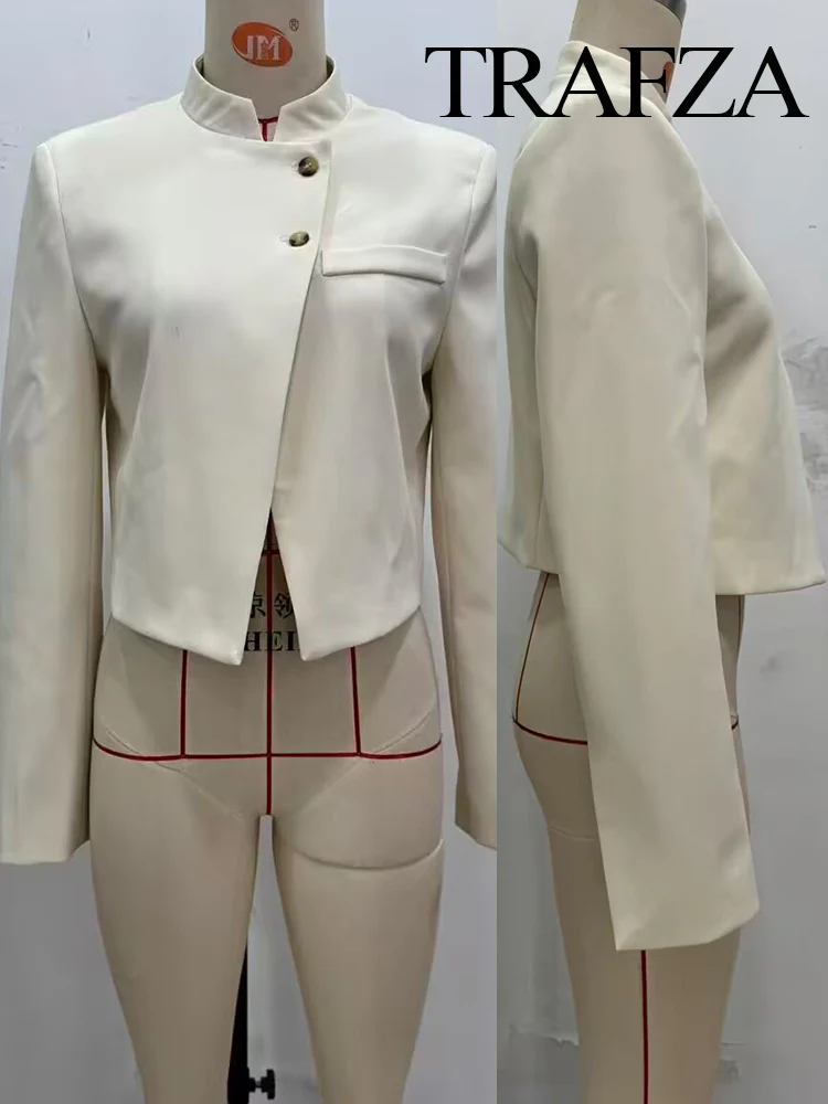 

HH Women's Autumn High Street Coats White Half-High Collar Pockets Single-Breasted Female Fashion Long Sleeves Jackets