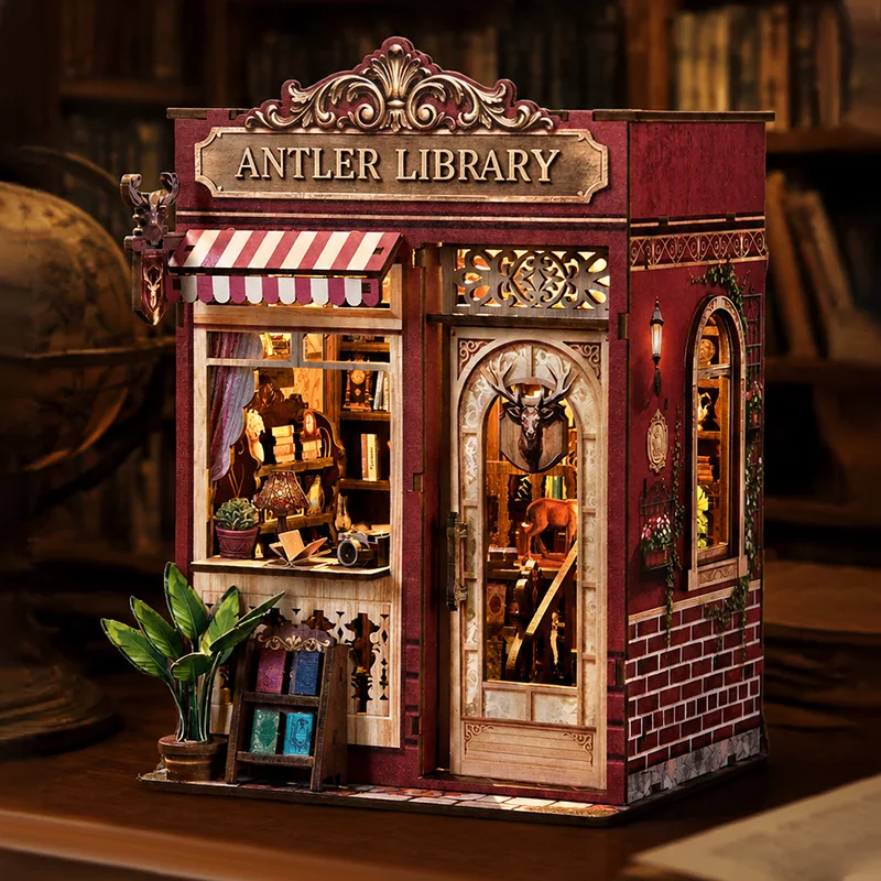 Wooden DIY Mini House Book Nook Antler Library Vintage Micro‑Landscape Hand‑assembled Model Creative Desktop Decoration Gift