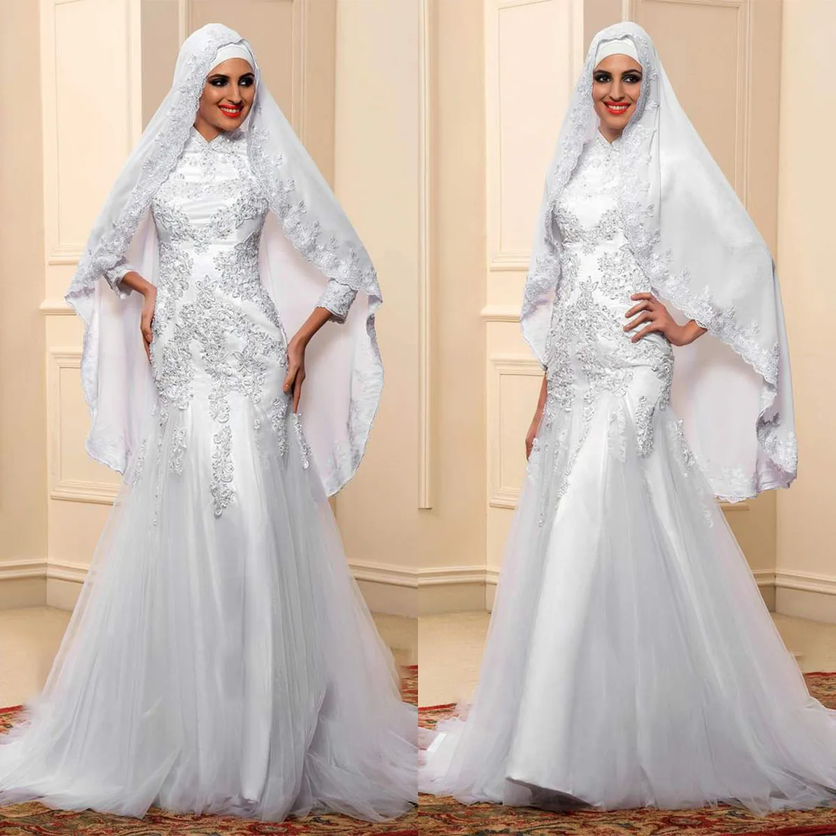 Muslim Exquisite Mermaid Wedding Dress Three Quarter Sleeves Bridal Gowns Custom Made Embroidery Sweep Train Vestido de novia