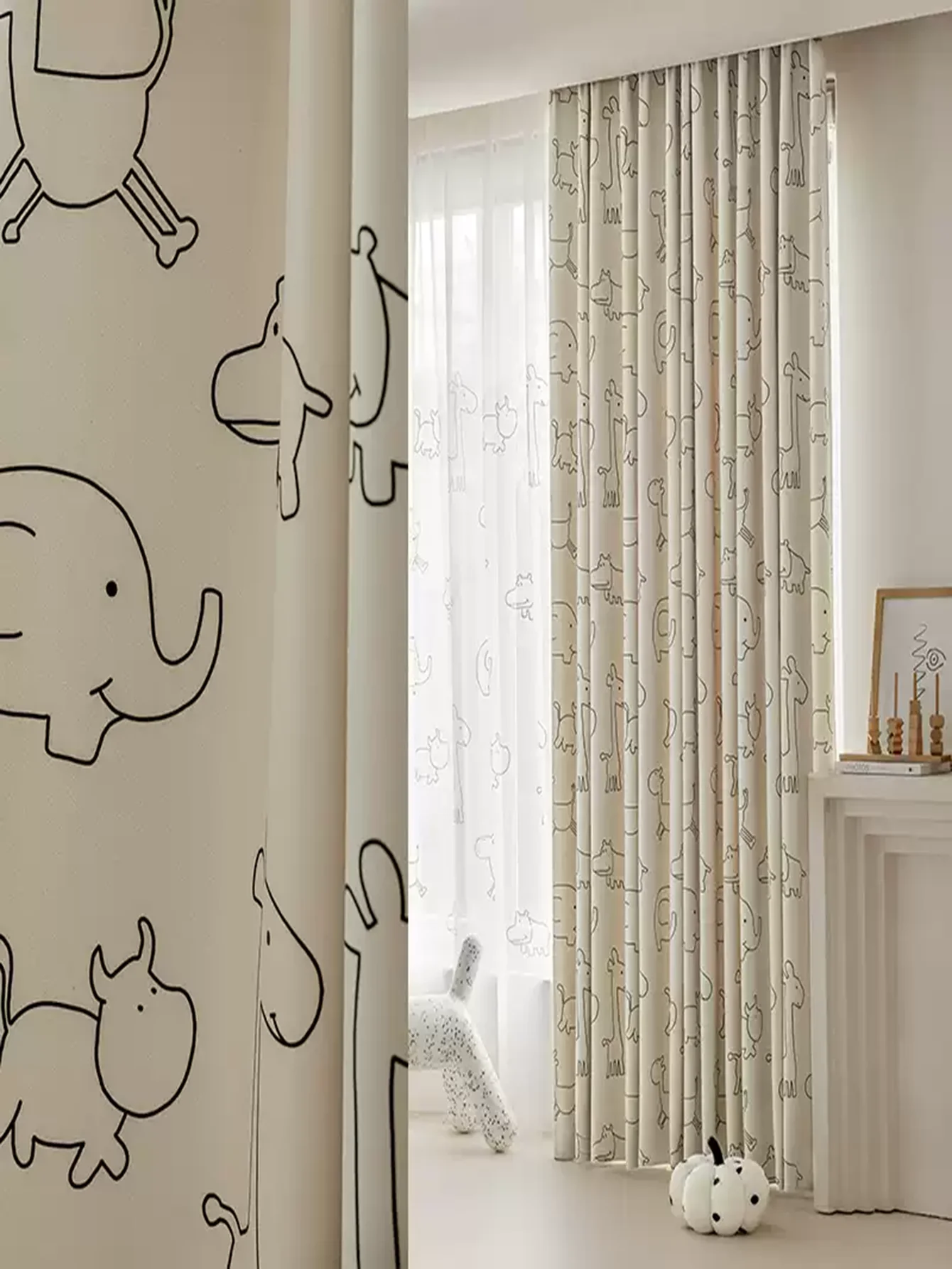Cartoon Zoo Beige Blackout Curtains For Kids Room ,Cute Kids Curtains For Bedroom Boy Girl,Baby Curtains For Bedroom Black Out