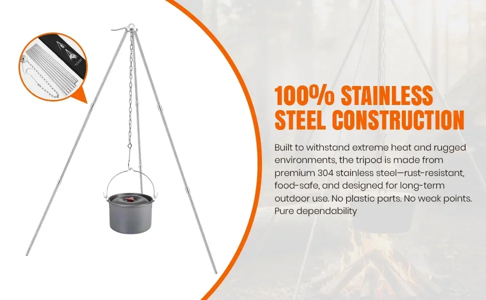A campfire tripod for cooking shown with a pot hanging from a stainless steel frame.