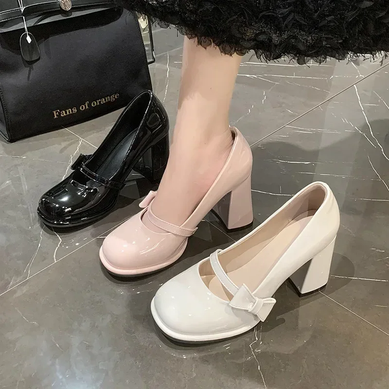 Elegant Heel Shoes Ladies 8cm High Heel Bowknot Solid Mary Jane Zapatos Adult Dress Pink White Black Cosplay Footwear 2025