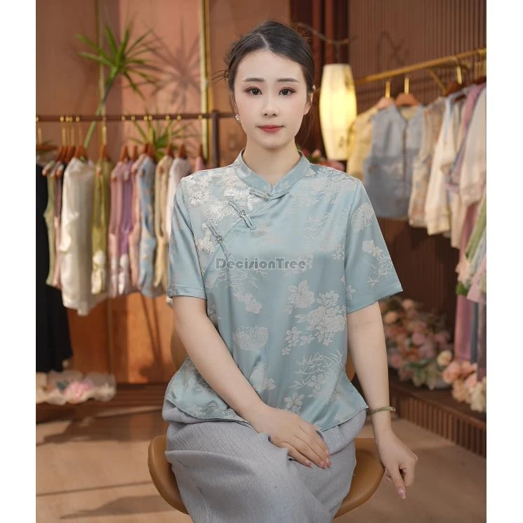 

2025 новая китайская рубашка Cheongsam в стиле ретро с вышивкой, традиционная китайская повседневная рубашка с короткими рукавами и воротником-стойкой, топ Ципао с принтом