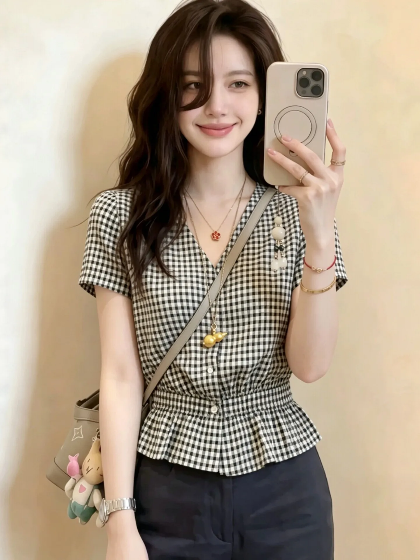 

Color Block Plaid Thin Short Sleeve Shirt Women's High Waist Slimming Summer New Style Fashionable Korean Version Commute Style