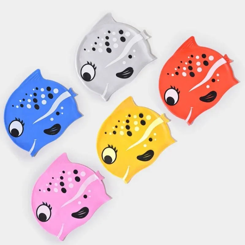 New Children\'s Silicone Waterproof Fashion Cartoon Spot Fish Boys and Girls Comfortable Soft No Cut Head Swimming Cap