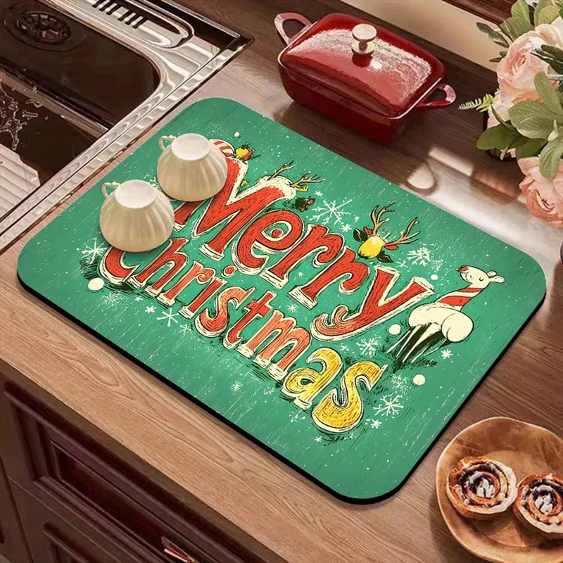 VIKAMA Diatomite Drying Mat Super Absorbent Quick Dry Non-Slip Heat Resistant Kitchen Counter Christmas Santa Welcome