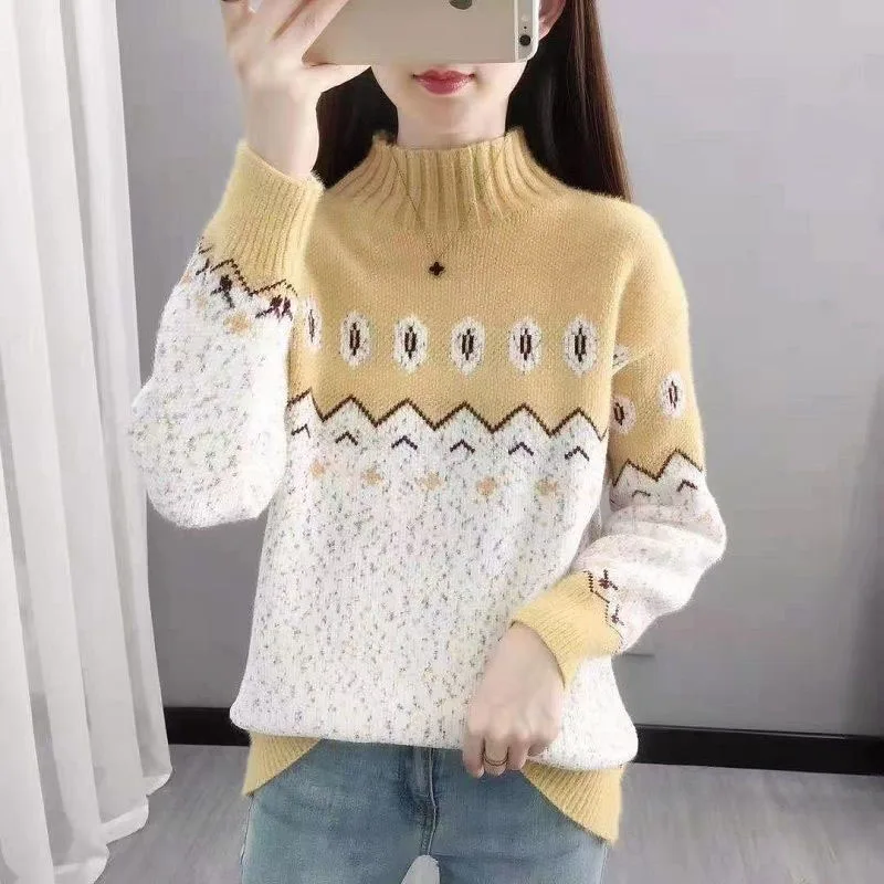 

New Autumn/Winter Fashion Korean Edition Color Block Print Half High Neck Loose Versatile Foreigner Women's Long Sleeve Sweater
