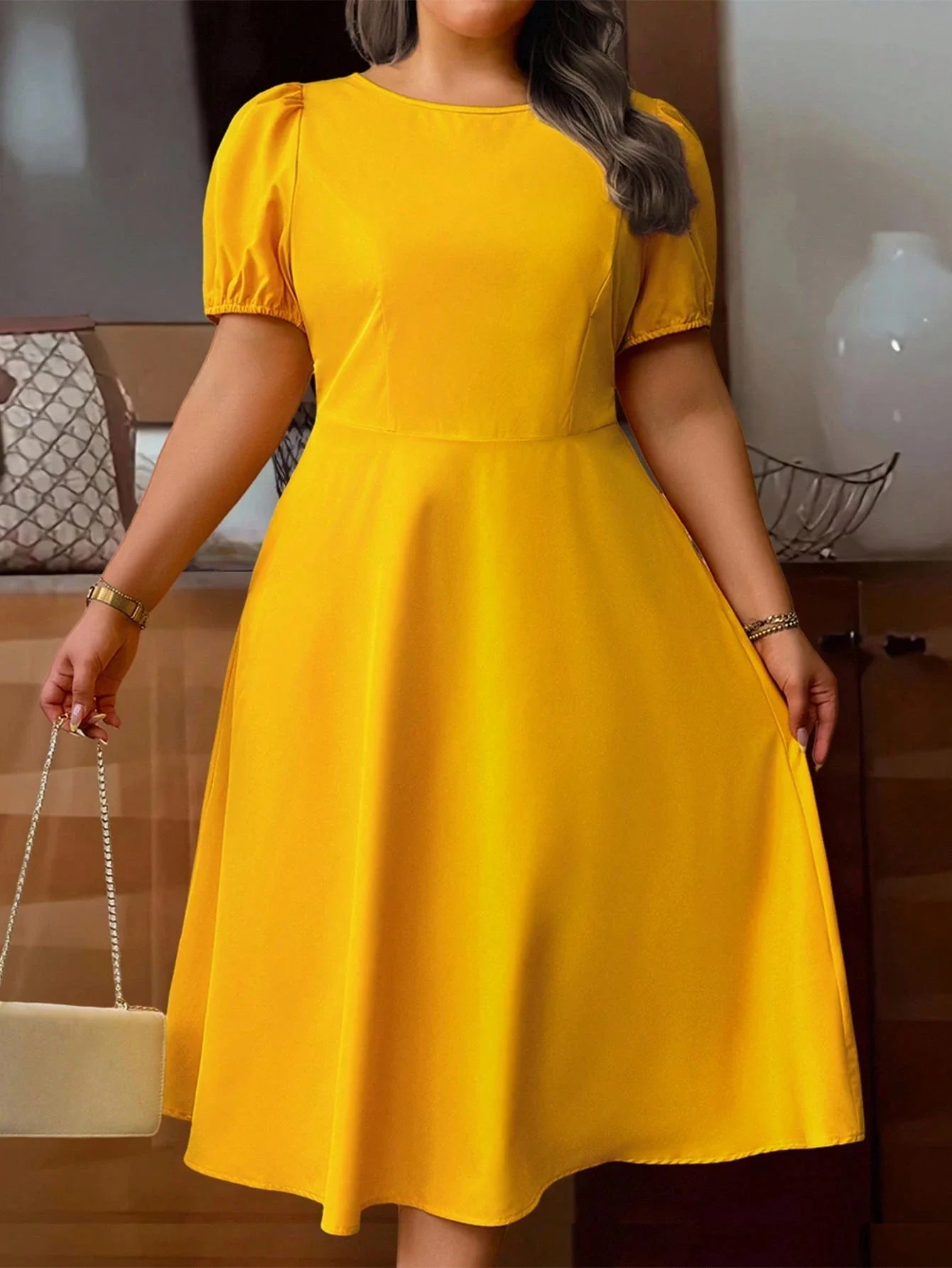 

Elegant Plus Size Round Neck Puff Sleeve A-Line Dress With Pockets Yellow
