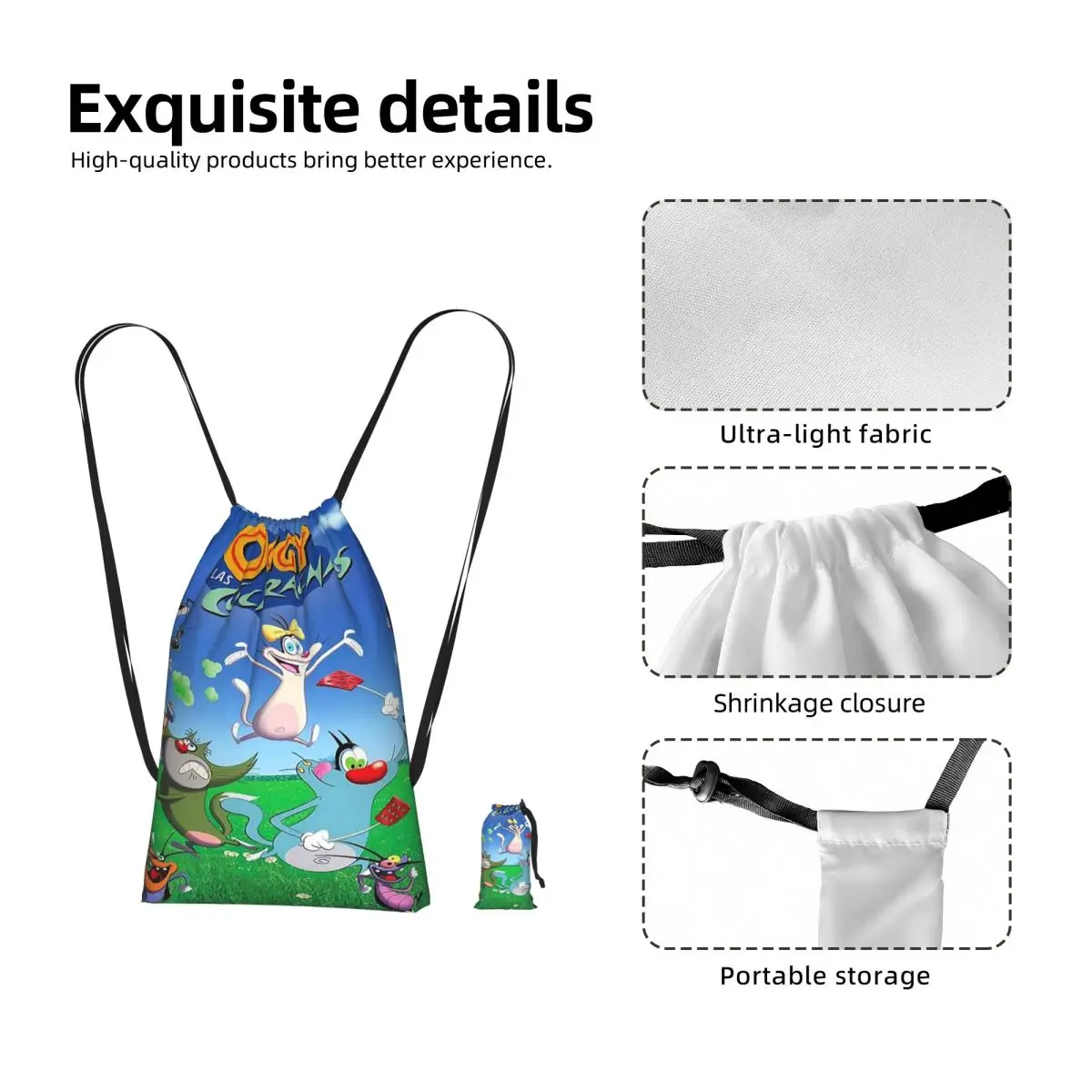 Animation Anime Film Oggy And The Cockroaches Drawstring Backpack Sports Gym Bag Portable Travel Drawstring Bag for Men Women