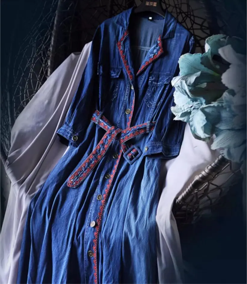 

Retro Summer Autumn Woven Denim Jeans Dress Shirt Women Half Sleeve Single Breasted Button A Line Midi Long Vestidos Blue