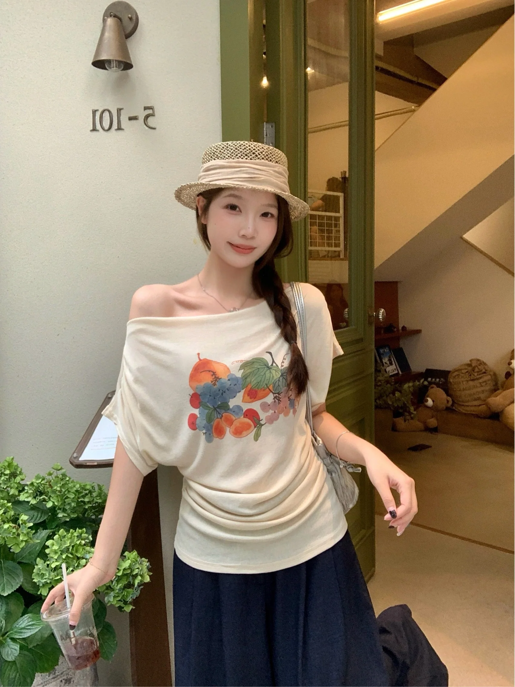 

plus Size Women's T-Shirt Fruit Print One Shoulder Short Sleeve Slimming High Waist Summer New Style Versatile Top Korean Style