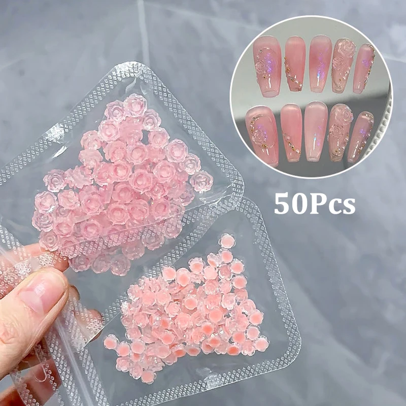 

50Pcs DIY Nail Art Decoration 3D Pink Camellia Flower Purple Roses Nail Drills For Manicure Design Accessory