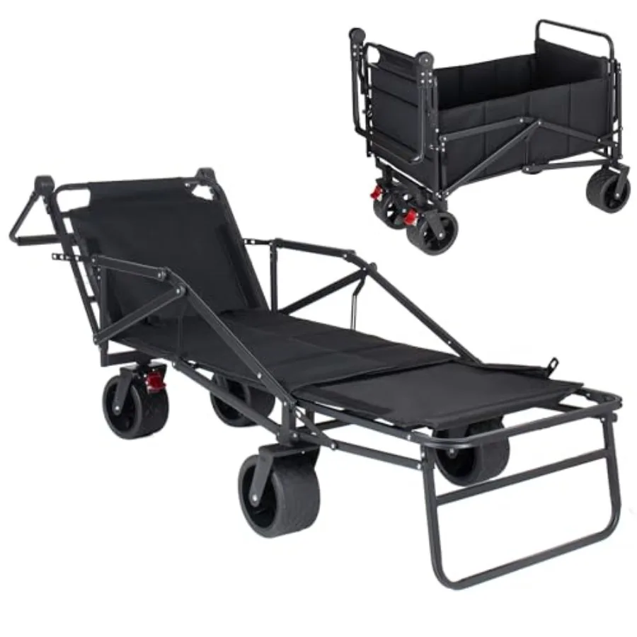 2-in-1 Folding Wagon Cart Beach Chair Combo for Camping, Shopping, Beach, Garden: Heavy Duty Black All-Terrain Utility Cart wit