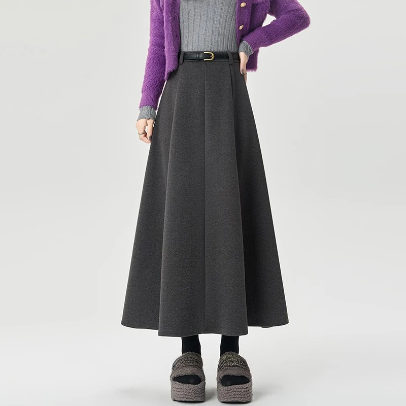 

Seoulish High Waist Vintage Woolen Women's Umbrella Long Skirts 2025 New Autumn Winter Solid Casual Loose A-line Skirts Female