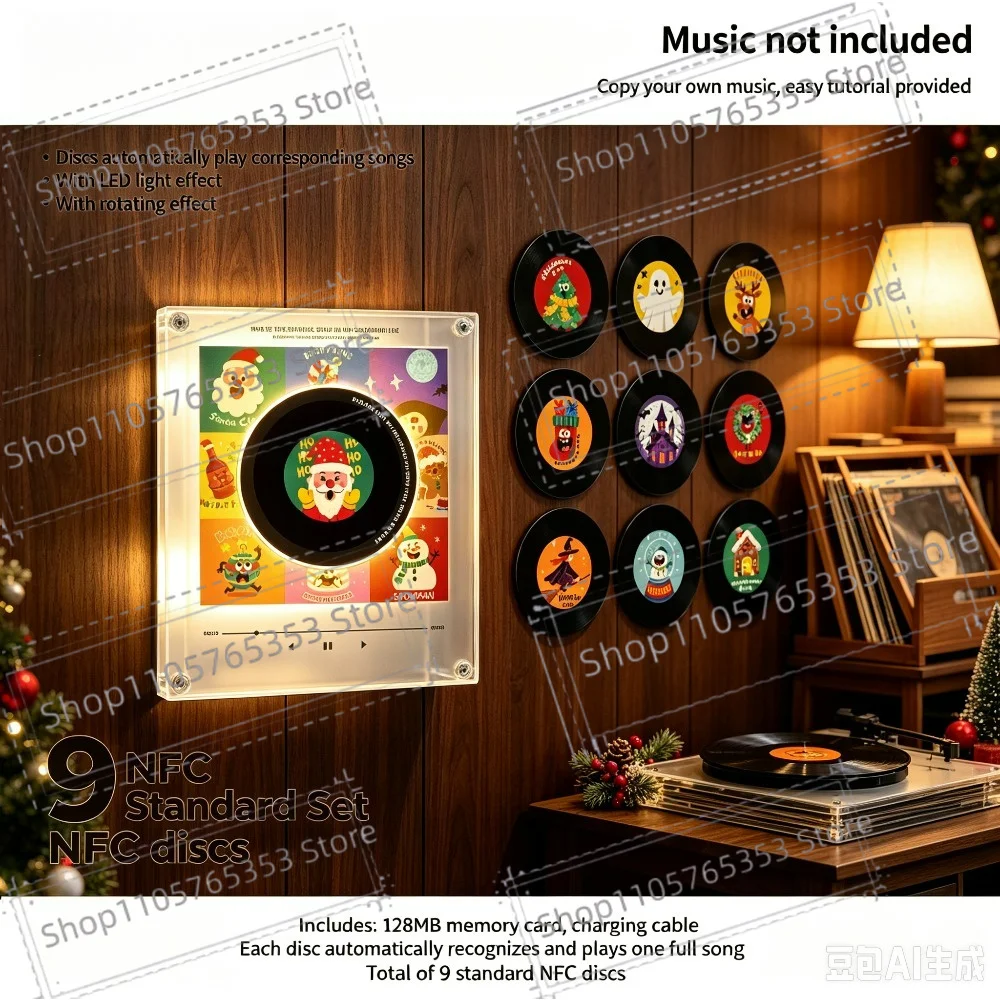 Christmas Halloween NFC Magnetic Refrigerator Magnet Rotating Record Night Light,Import Music on Your Own,Player Home Decoration