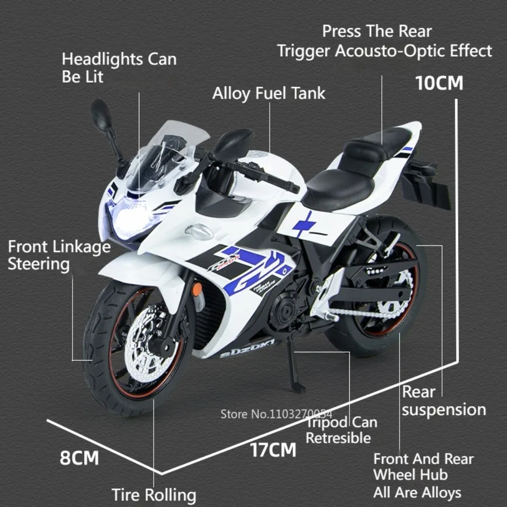 1/12 Suzuki GSX250R Motorcycle Toys Model Diecast Alloy Car Sound Light Metal Body Rubber Tires High Simulation Toy for Kid Gift